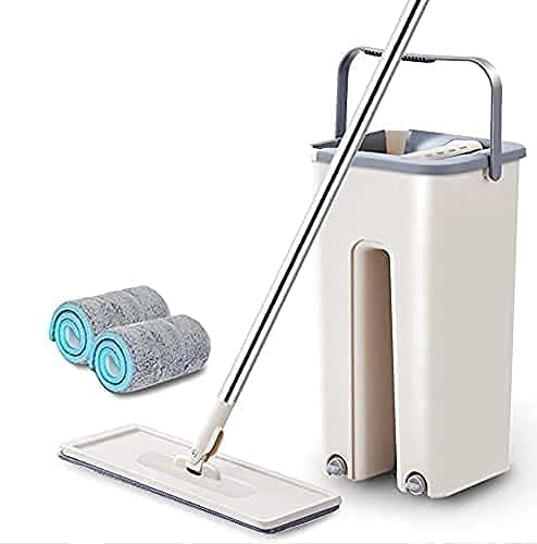 Microfiber Flat Mop with Bucket Cleaning Squeeze Hand Free Floor Mop, Extra 1 Reusable Mop Pads, Handle Scratch Mop