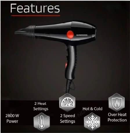 2000W Professional Hot and Cold Hair Dryers with 2 Temperature and Speed Settings and Styling Nozzles, Hair Dryer for Men and Women