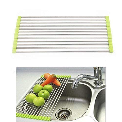 Drain Folding Holder Steel Sink Folding Fruit Vegetable Drying Drain Rack Dish Drying Rack Roll Up Over Sink Rack Kitchen Foldable Drying Drainer