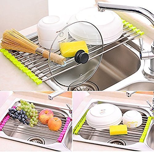 Drain Folding Holder Steel Sink Folding Fruit Vegetable Drying Drain Rack Dish Drying Rack Roll Up Over Sink Rack Kitchen Foldable Drying Drainer