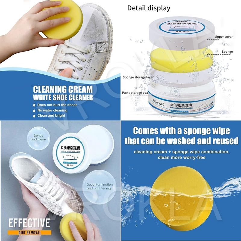 White Shoe Cleaner Cream with Sponge Instant Shoe Whitener No-Wash Shoe Cleaning Kit White Sneaker Cleaning Kit Shoe Eraser Stain Remover 260gm