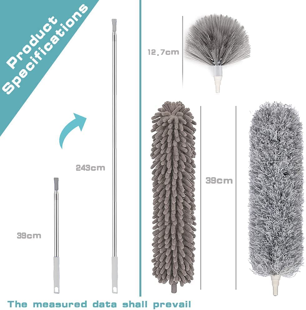 3 in 1 Microfiber Feather Duster Bendable n Extendable Fan Cleaning Duster with 100 inches Expandable Pole Handle Washable Duster for High Ceiling Fans Window Blinds Gray