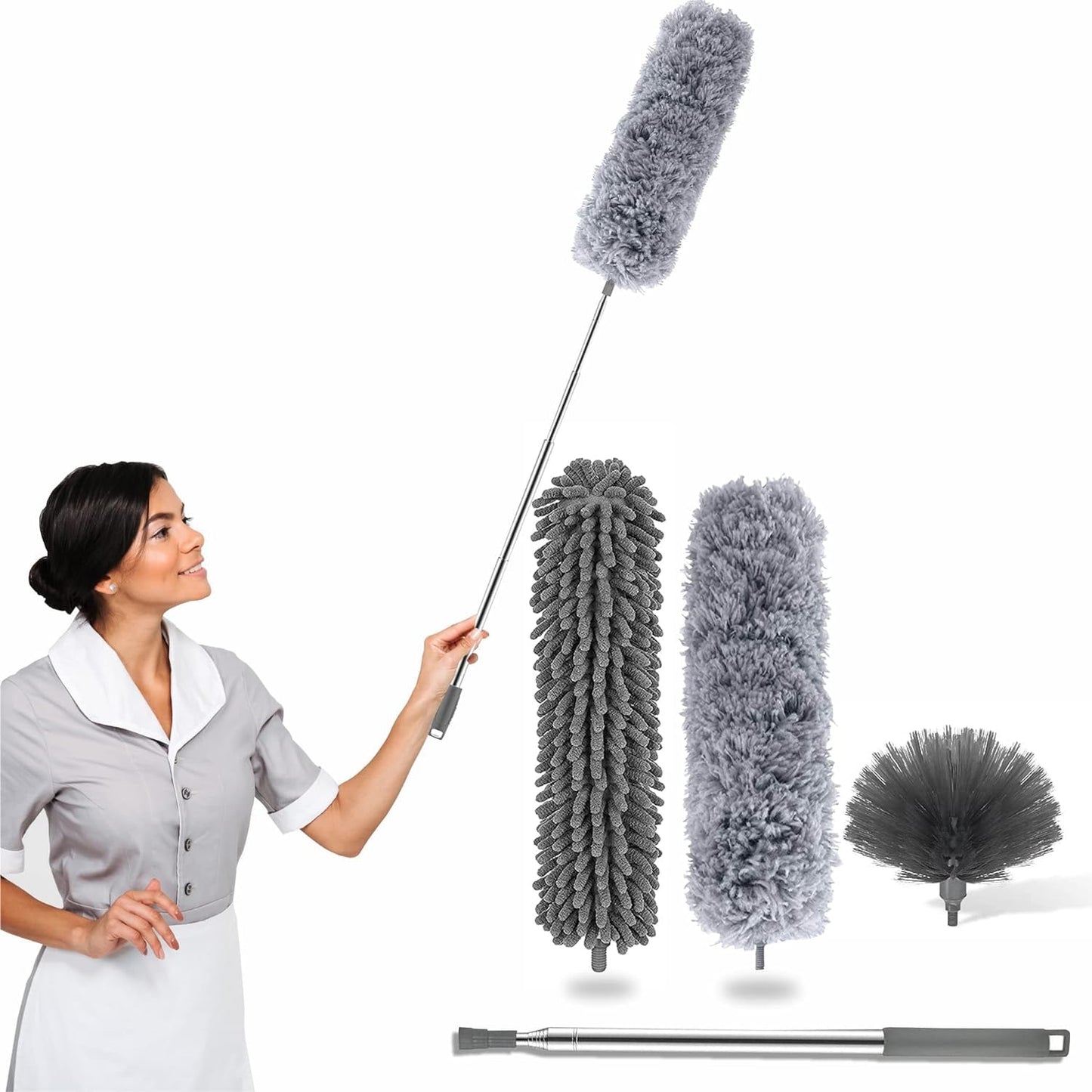 3 in 1 Microfiber Feather Duster Bendable n Extendable Fan Cleaning Duster with 100 inches Expandable Pole Handle Washable Duster for High Ceiling Fans Window Blinds Gray