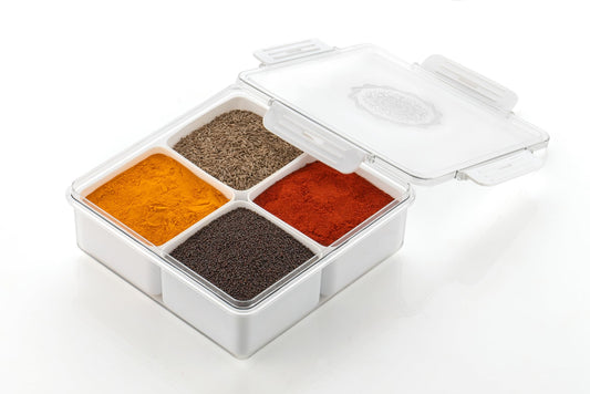 Plastic 4 Section Masala Box for Kitchen, Spice Dry Fruit Box Transparent Dry Fruit Dabba Storage Container 4 Compartments with 4 Side Lock (White)