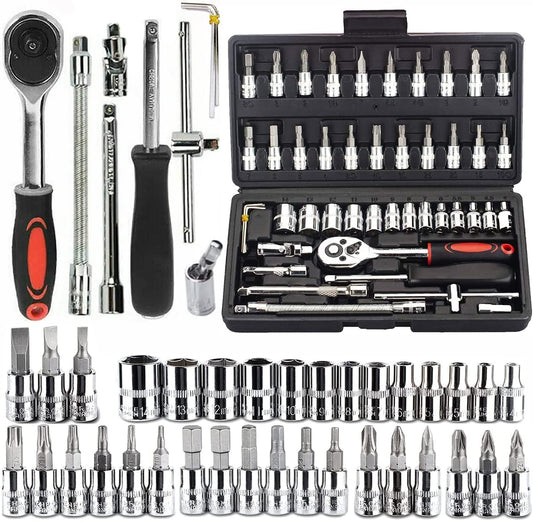 46 In 1 Pcs Torx Tool Kit & Screwdriver & 1/4'' Square Drive Metric Socket Set Extension Bar And Adapter For Bike, Car Repairs