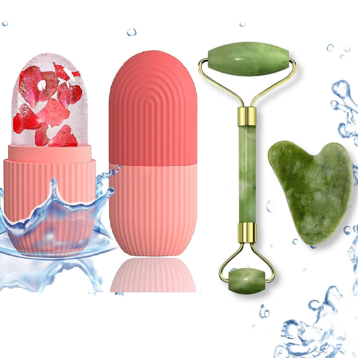 Face Stone Jade Roller Massager with Gua Sha Stone And Ice Roller Set Facial Roller 100% Natural Stone Jade Roller For Skin Eye Neck Body Ice Cube Roller Women Men Beauty