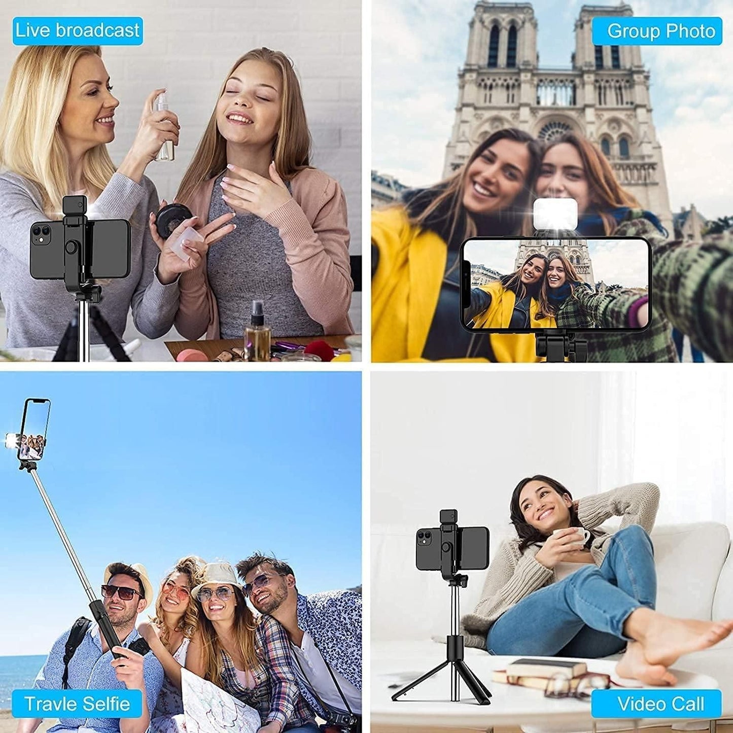 R1s Bluetooth Selfie Sticks with Remote and Selfie Light, 3-in-1 Multifunctional Selfie Stick Tripod Stand Compatible with all mobiles.