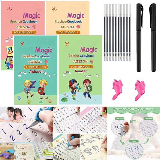 Sank Magic Practice Copybook (4 BOOK + 10 REFILL+ 2 Pen +2 Grip) Number Tracing Book for Preschoolers with Pen, Magic Calligraphy Copybook Set Practical Reusable Writing Tool