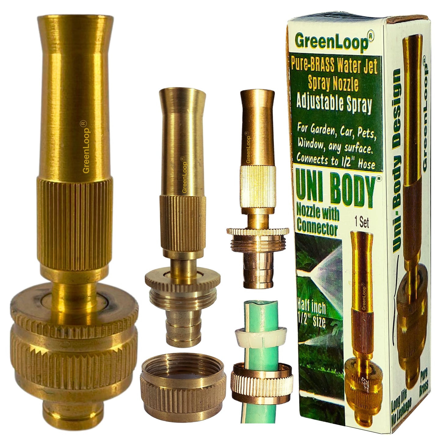 Solid BRASS Water Spray Nozzle for all 1/2” hoses, PATENTED UNIBODY Model, Adjustable Water Jet Spray Gun, High Pressure, Wash Bike-Car-Pets, Garden, 1/2" Half Inch, 1 nos