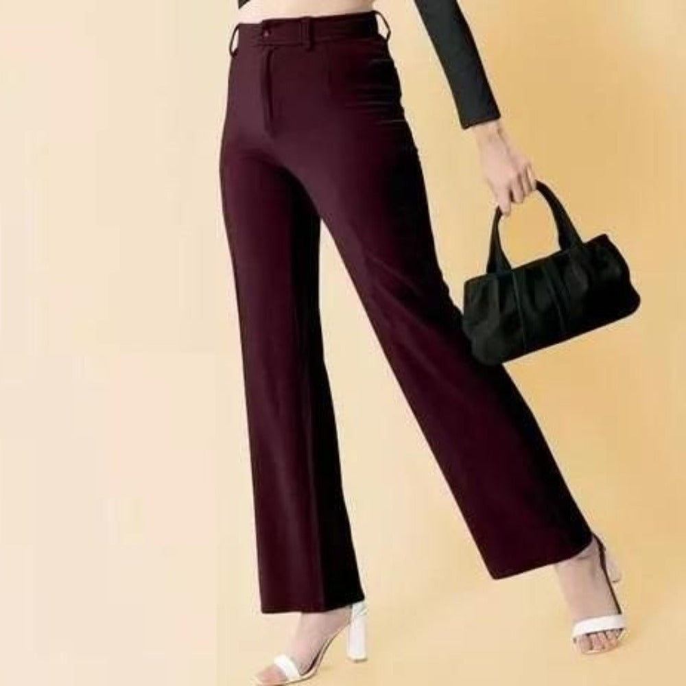 Elegant Maroon Lycra Solid Trousers For Women's